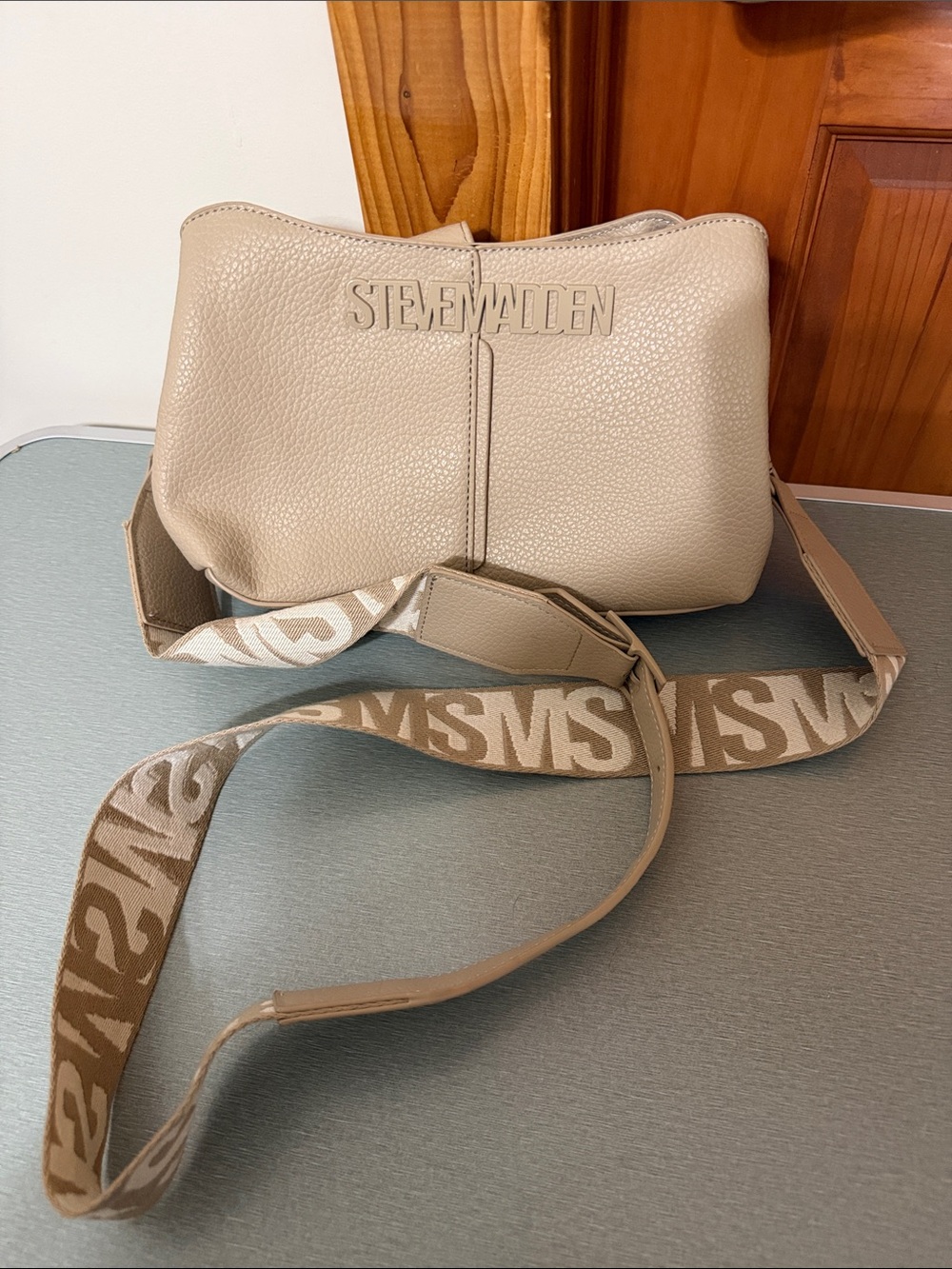 Steve Madden Taupe Pebbled Crossbody with Branded Web Strap